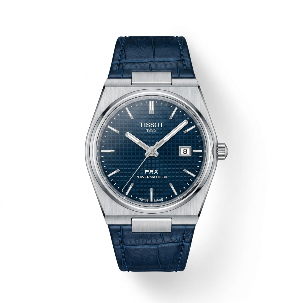 Gemini_Generated_Image_rf4wi8rf4wi8rf4w ساعة تيسو بي أر إكس حزام جلد كحلي (Tissot PRX Silver Case Blue Leather Strap) - الصورة 1